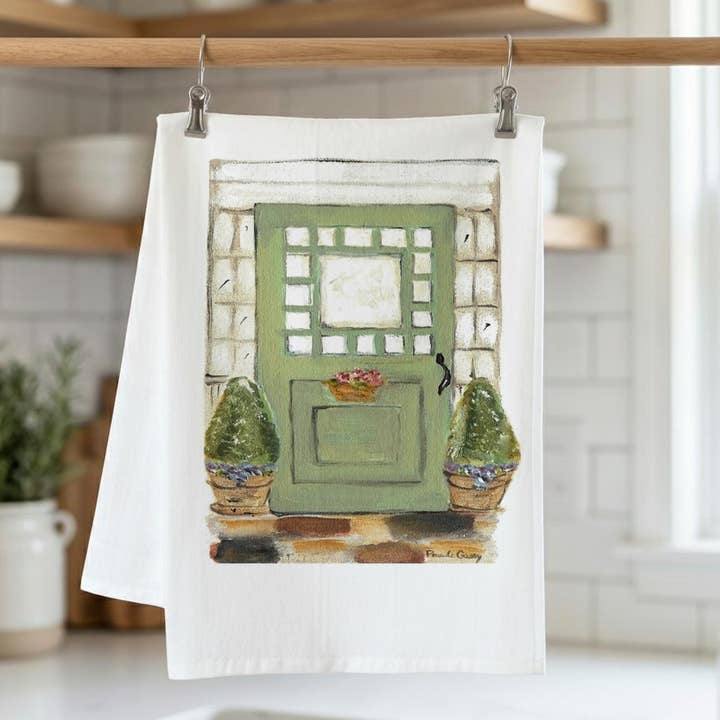 Country House Green Door Kitchen Towel for wholesale by Pamela Cassidy Designs