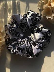 Silver and Black Floral Oversized Satin Scrunchies for wholesale by Nazia's Scrunchies