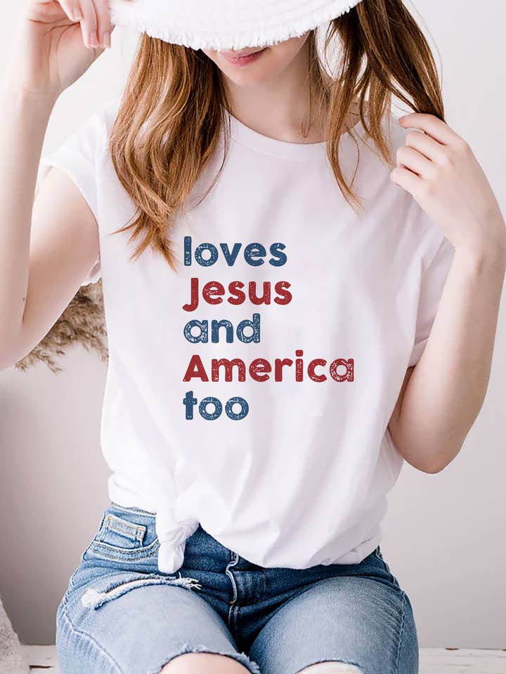 Loves Jesus and America Too, 4 juli, uniseks T-shirt met ronde hals voor wholesale door Top Avenue