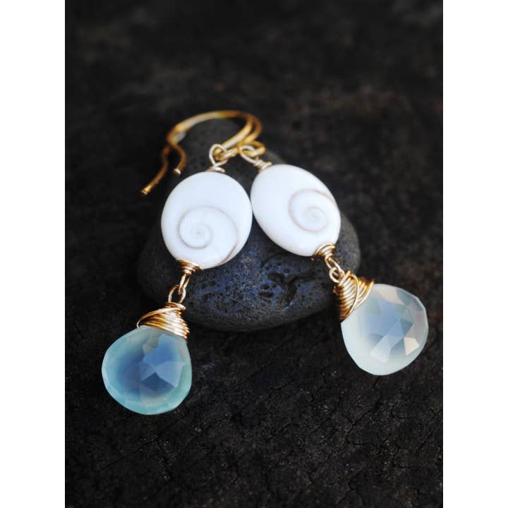Gorgeous Aqua Chalcedony & Eye Of Shiva Shell Dangle Earrings // Natural Gemstones // Wire Wrapped Jewelry // Lovingly Handmade In Hawaii for wholesale by Treehouse Jewelry Hawaii