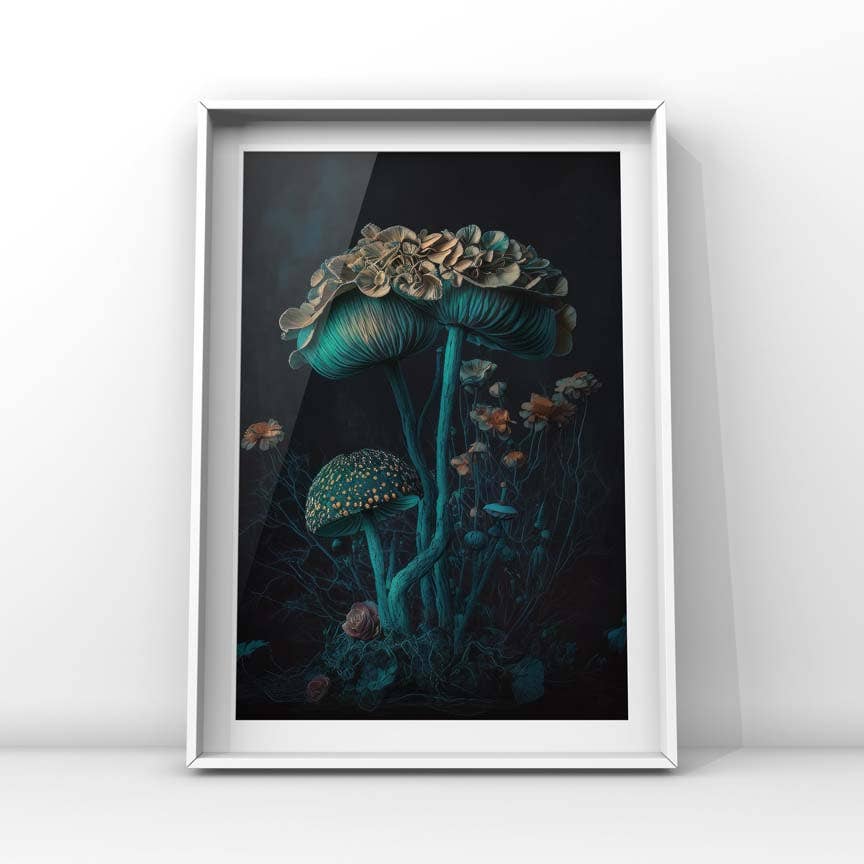 Salty Alyce - Wholesale Art Print - Gothic Floral Still Life Vintage Blue Mushroom Wall Art RD644
