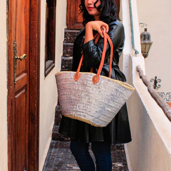 Melecraft - Wholesale Beach bag - Silver Sequins straw bag, french market basket5