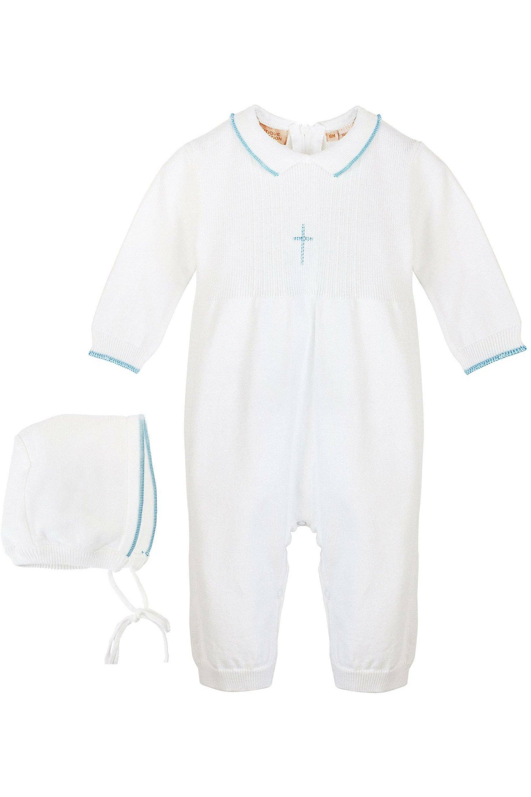 Julius Berger & Carriage Boutique - Wholesale Clothing Set - Baby - Baby Boy Knit Pearl Blue Cross Outfit + Bonnet0