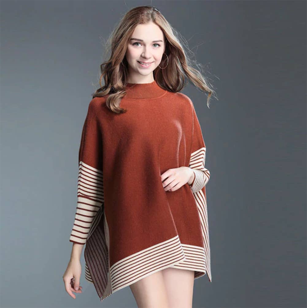 Fennco Styles – wholesale Poncho - Dam – Randig stickad pullover med fladdermusärm poncho-tröja7