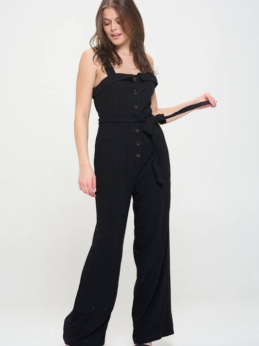 PLUS SIZE SLEEVELESS ADJUSTABLE STRAP BUTTON JUMPSUIT for wholesale by JADE BY JANE PLUS