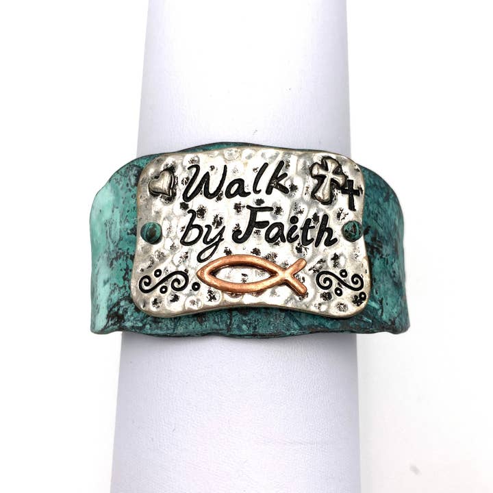 Lunar Deer - Wholesale Cuff Bracelet - Walk by Faith Cross Fish Religious Patina Bracelet Cuff