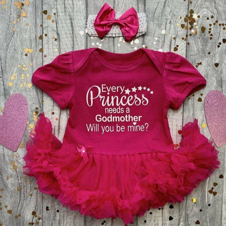 Veux-tu être ma marraine ? Barboteuse Tutu pour petite fille avec bandeau à nœud assorti, Princess pour la vente par Personalised Baby Clothes and Gifts