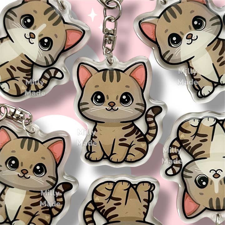 Brown Gray Shorthaired Tabby Cat Acrylic Keychain with Epoxy Resin | Easy-Clip, Cute Cat Cartoon, Hand-Drawn Design, Cat Lover Gift for wholesale by Milly Made Designs