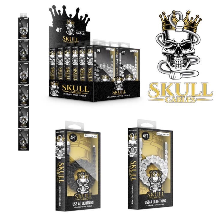 Câbles de charge et de synchronisation Apple Lightning 3D Skull de 4 pieds, paquet de 12 pour la vente par JII