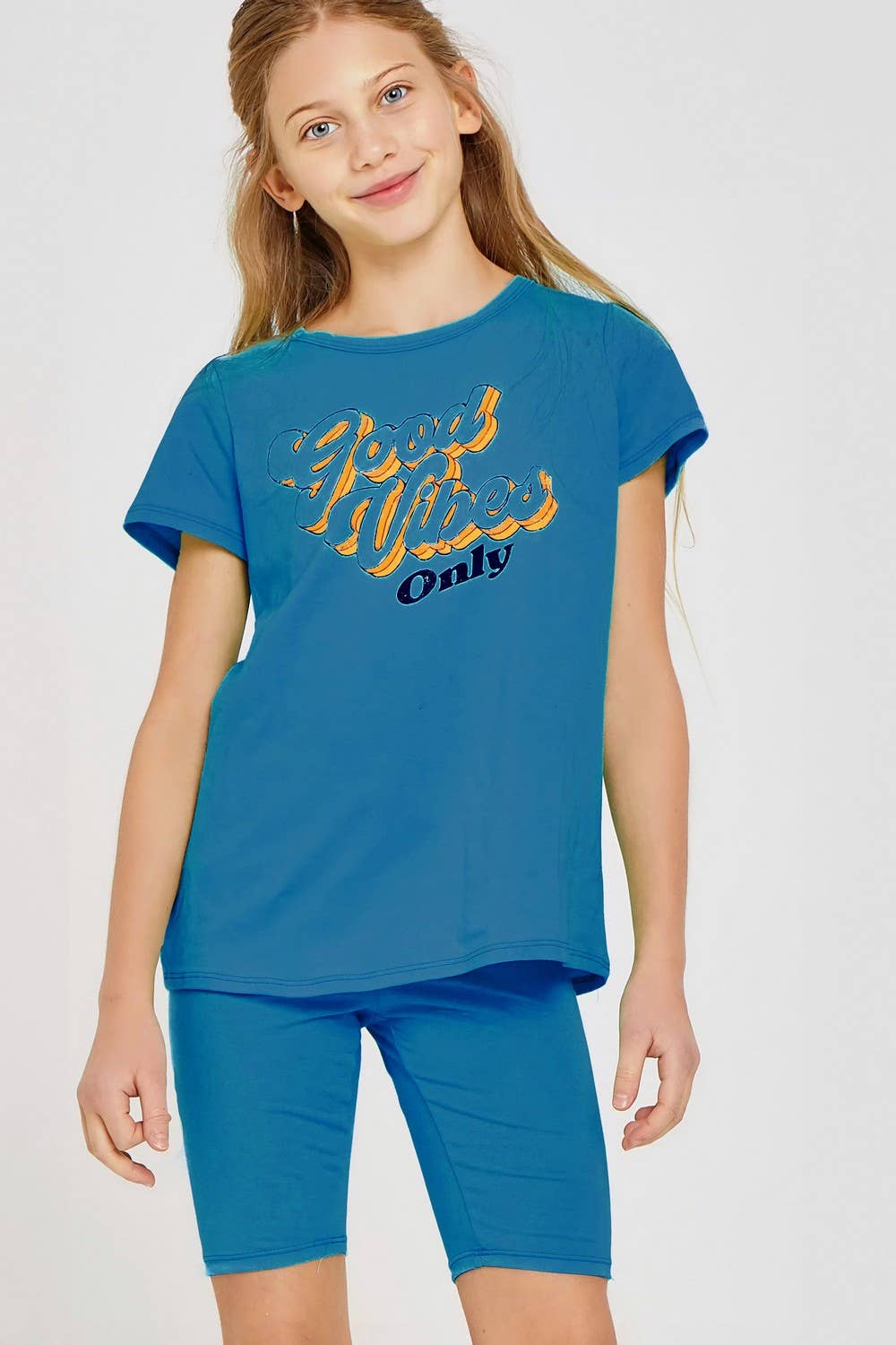 Good Girl - Vendita all'ingrosso Completo top e pantaloncini - Bambini - Good Vibes Only Graphic Tee e pantaloncini da motociclista11