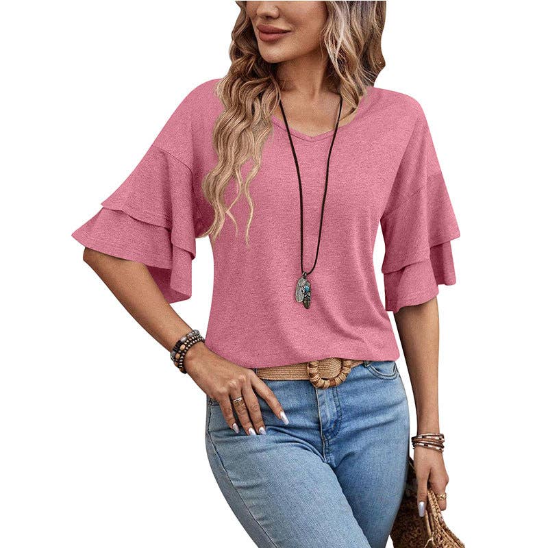 Suhkasana - Wholesale Blouse - Women's - Women's V-Neck Flutter Sleeve Top – Casual Summer T-Shirt4
