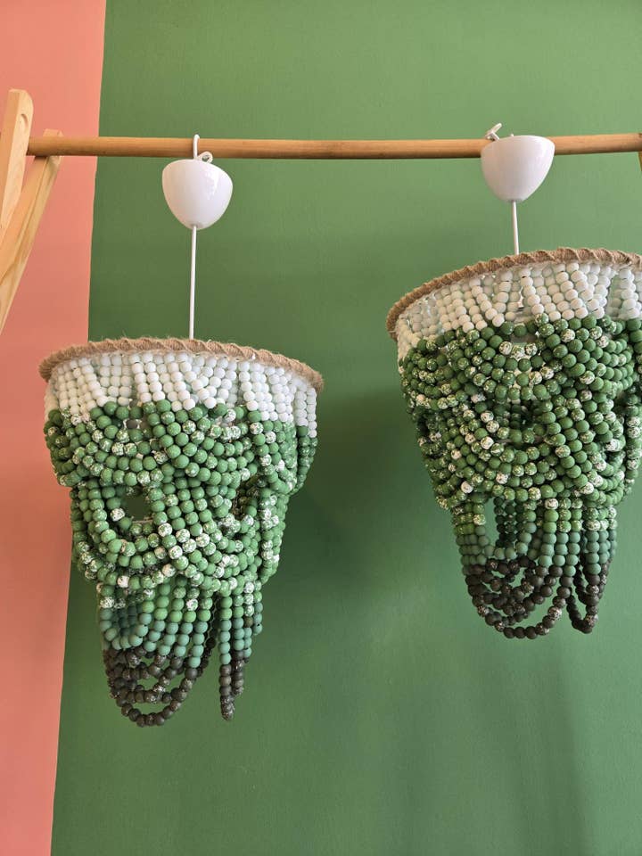 Green Ombre Beaded Chandelier: Handmade Boho Pendant Light for wholesale by Joy's Arts