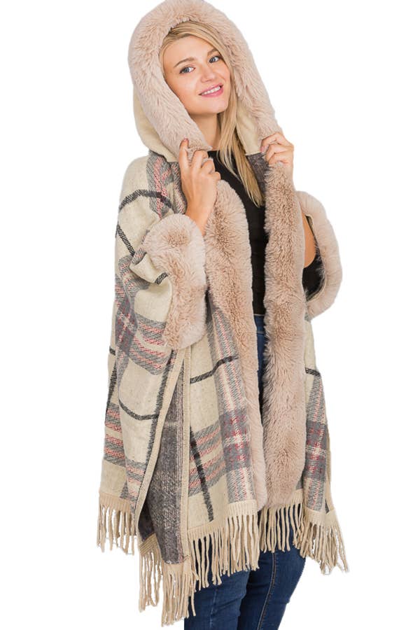 Grigio Poncho con cappuccio Ruana a silhouette aperta in stile eschimese scozzese in vendita all'ingrosso su Faire1