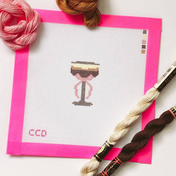 Cotswold Co Designs - Wholesale Embroidery/Cross Stitch Supplies - Hand Painted Espresso Martini 2” Needepoint Canvas 18 Mesh Coquette Needlepoint Canvas Cocktail Hand Painted3