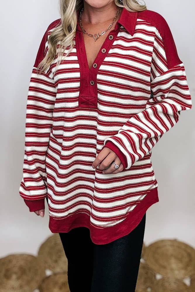 UNISHE - Wholesale Blouse - Women's - Oversized Striped Fleece Pullover Stand Collar Top CY1675