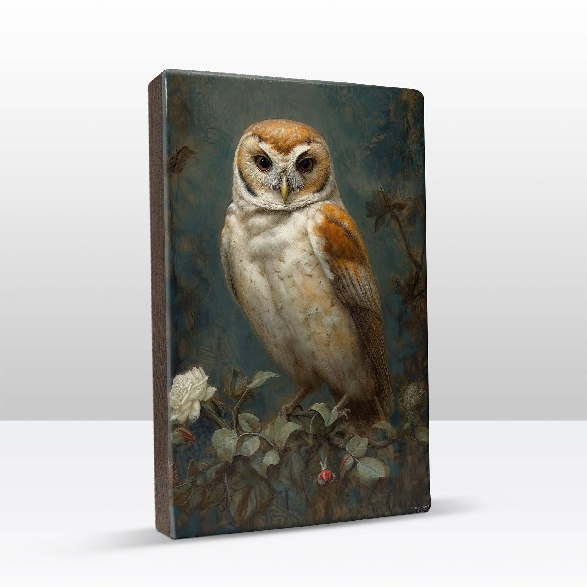 Laqueprint – wholesale Art print – Laqueprint owl with white roses - hand-lacquered - 19.5 x 30 cm - LP3951