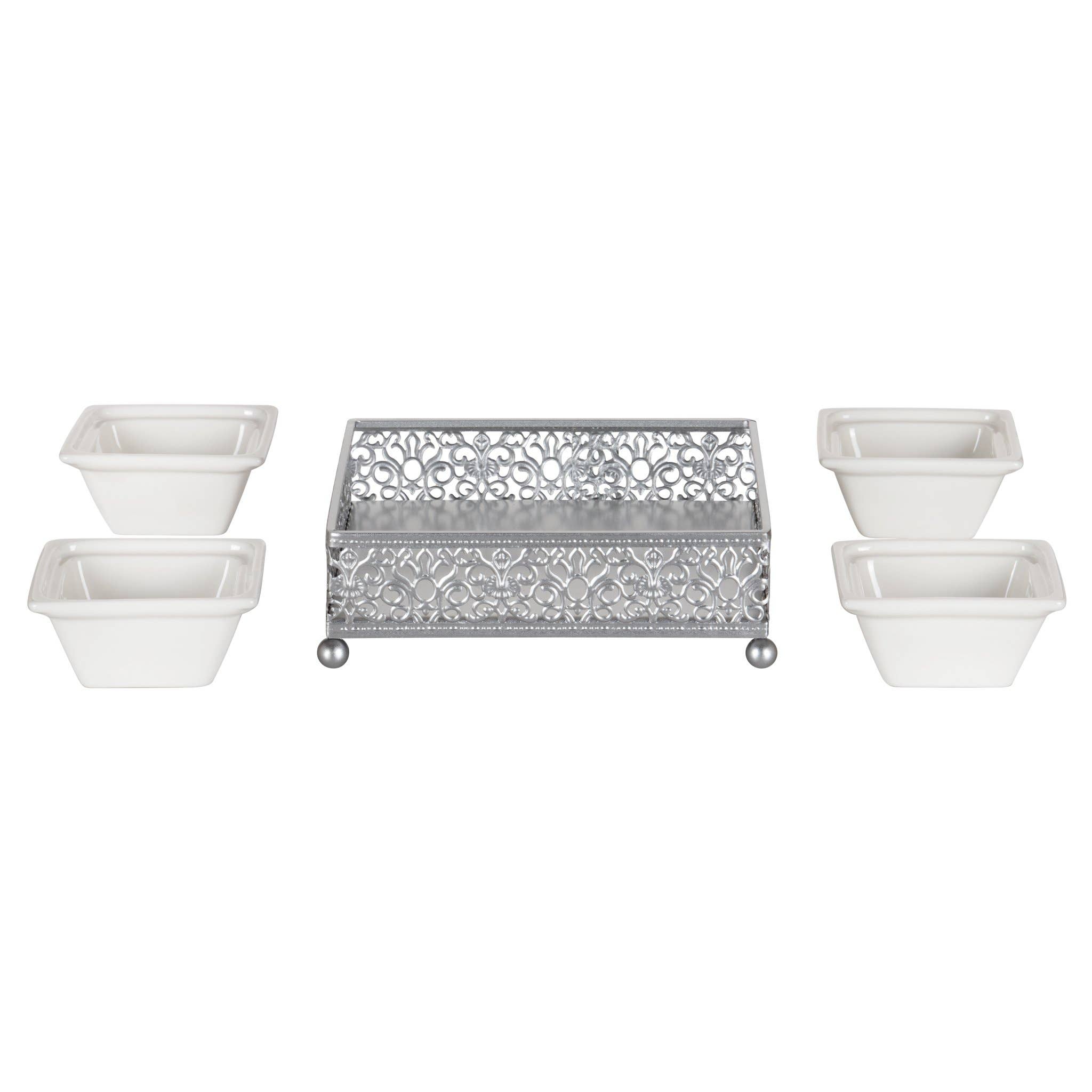 Amalfi Decor - Wholesale Serving Tray - Square Serving Tray with Ceramic Dishes - Silver1