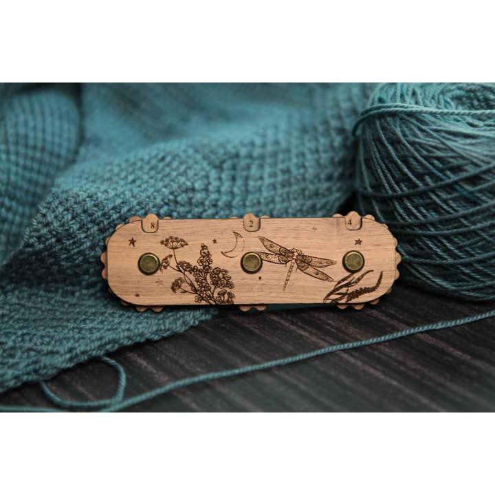 Dragonfly Moon 3-Dial Walnut Wood Knitting Row Counter for wholesale by Sunrise Grove