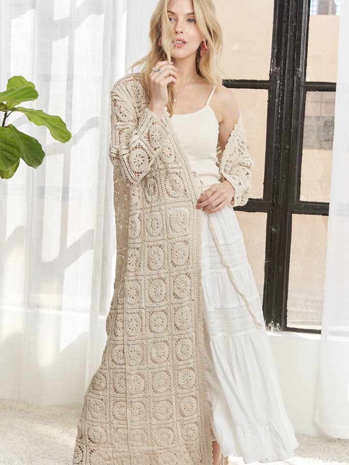 CESW3831- LONG SLEEVES CROCHET ELASTIC CARDIGAN for wholesale by ADORA LA