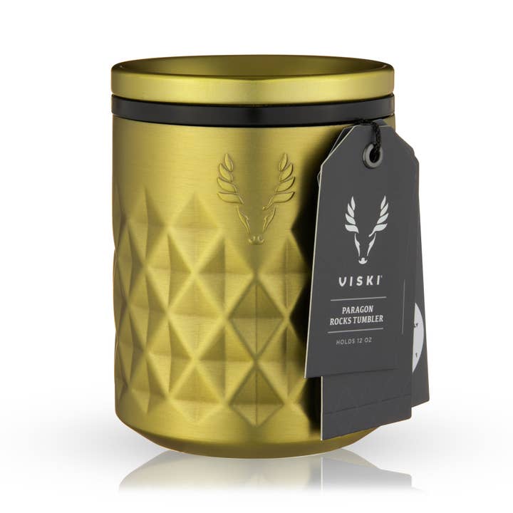 Viski - Wholesale Cocktail/Liquor Glass - Paragon Insulated Double Walled Rocks Tumbler w/ Lid - Gold