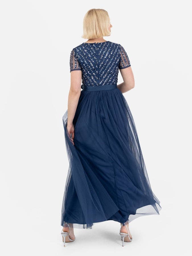 Maya Navy Stripe Embellished Maxi Dress With Sash Belt for wholesale by Plaza Collection Ltd