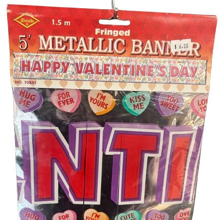 Vintage 5' Happy Valentine's Day Fringed Metallic Valentine's Day Banner for wholesale by Caufield's Novelty