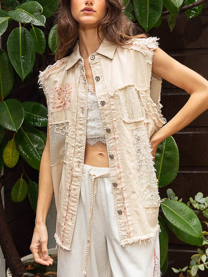 Pol Clothing - Wholesale Denim Jacket - Women's - Sleeveless crochet lace floral patch denim jacket