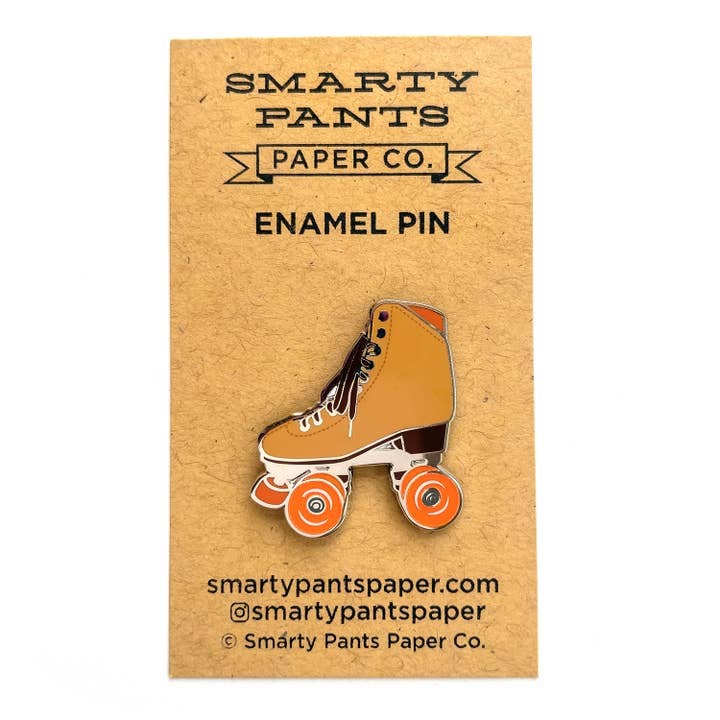 Smarty Pants Paper - Wholesale Lapel pin/button - Brown roller skate pin with glow in the dark wheels2