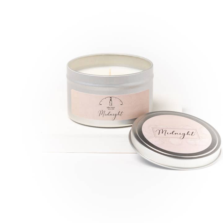 Midnight, 5.5 oz tin Soy Wax Candle for wholesale by Idle Hour Wax & Wicks
