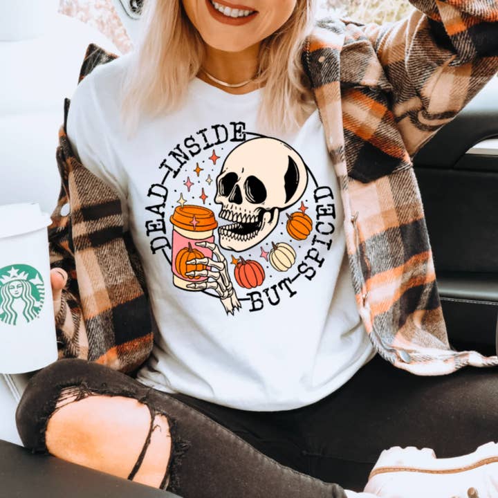 Dead Inside But Spiced Tee - Fall Halloween Funny Pumpkin for wholesale by The Tiny Closet