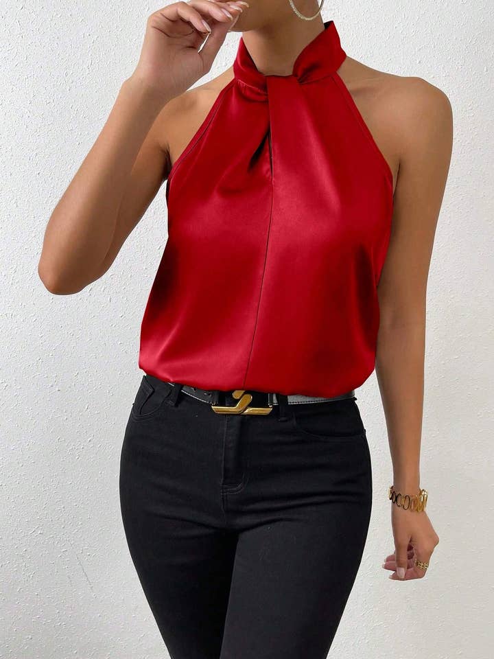 blusa priv de cetim sólido com gola halter por atacado de Flarix