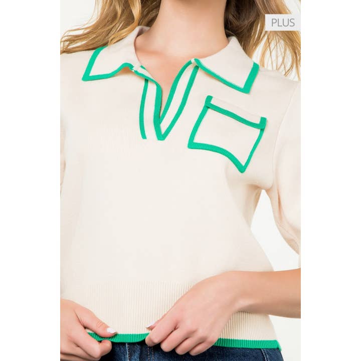 CREAM /Size XL/ Short Sleeve Collared Knit Top for wholesale on Faire
