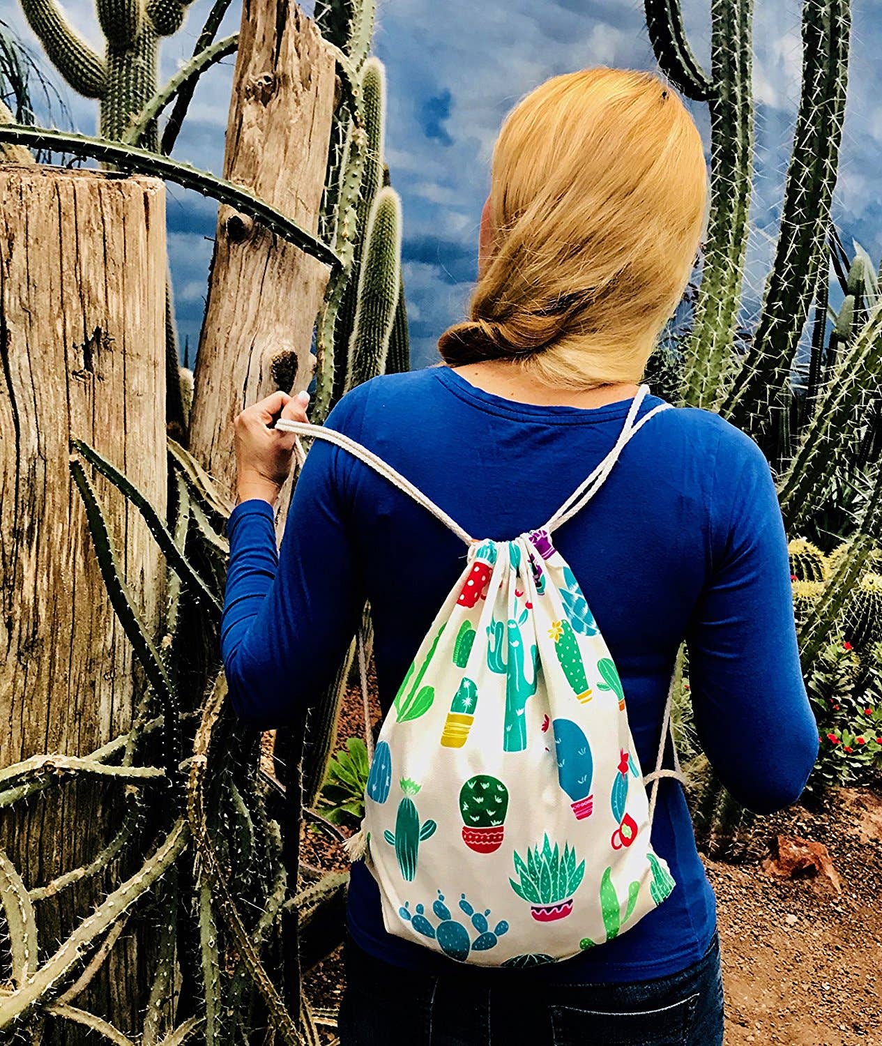 HECKBO - Vente Sac à cordon de serrage – enfant - Sac de sport pour enfants et adultes avec motif cactus beige2