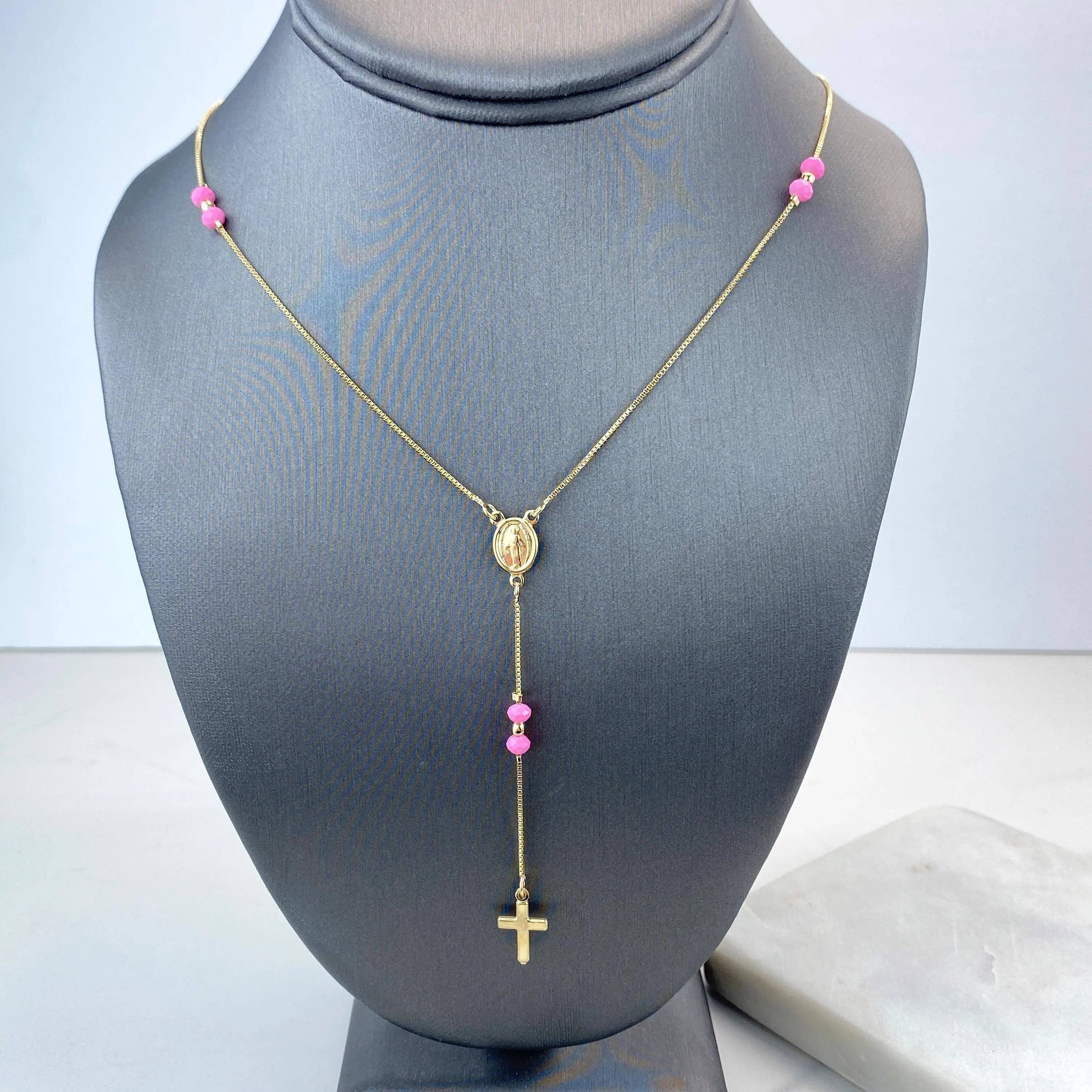 Luxus Accessories - Wholesale Prayer Beads Necklace - 18k Gold Filled Pastel Colored Beads Rosary with Miraculous Virgin Charm, Christian Catholic Rosary, Pink, Blue, or Pearl0
