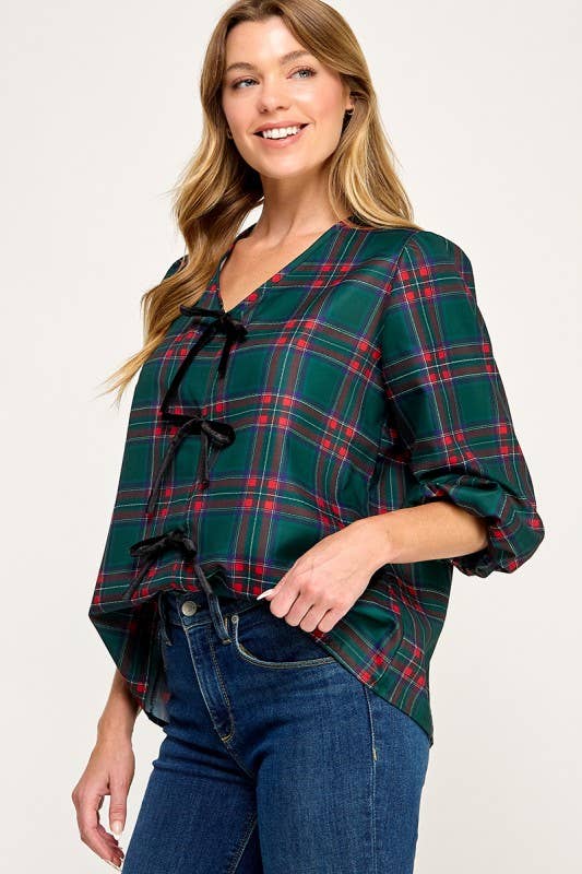 MintChoco - Wholesale Screen Printed T-Shirt - Women's - Plaid Holiday tie front blouse25