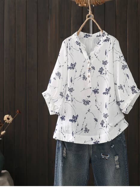 Whisper Mint - Wholesale Blouse - Women's - Women's V-Neck Printed Cotton Gauze Blouse
