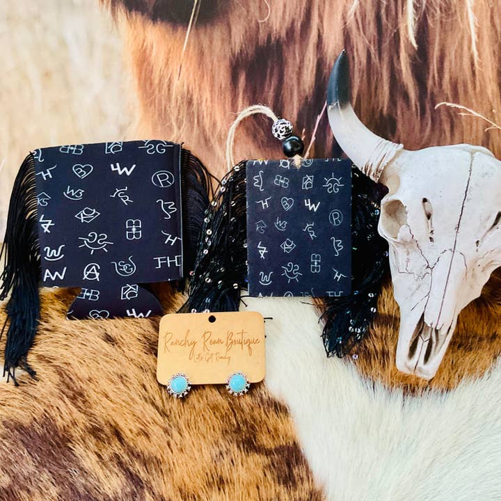 Ranchy Roan Boutique – wholesale Car Freshener - Women’s – Western Cattle Brand Fringe Freshie | Black & White Air Freshener Wholesale2