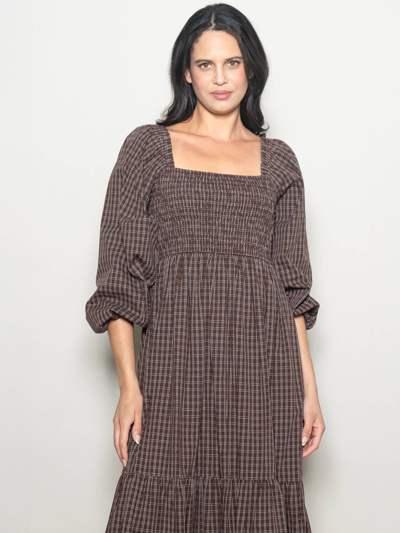 Elloh Collection - Wholesale Dress - Women's - Square Neck Checkered Plaid Smocked Chest Cotton Maxi Dress7