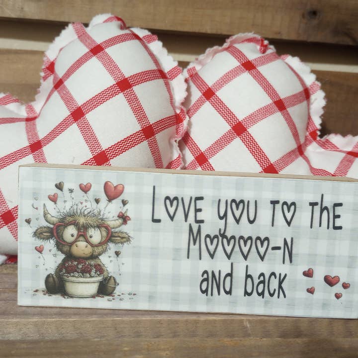 Valentine Wood Block Sign - Mini - Love You Moooon for wholesale by Bluegrass Burlap Co