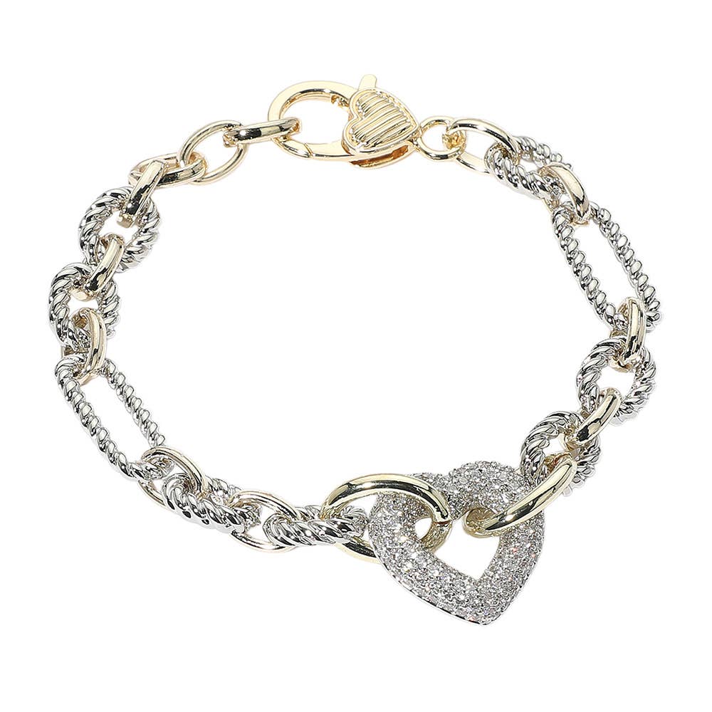 Sensibling Corp. - Wholesale Link & Chain Bracelet - 14K Gold Plated CZ Stone Paved Heart Link Two Tone Chain Bra1