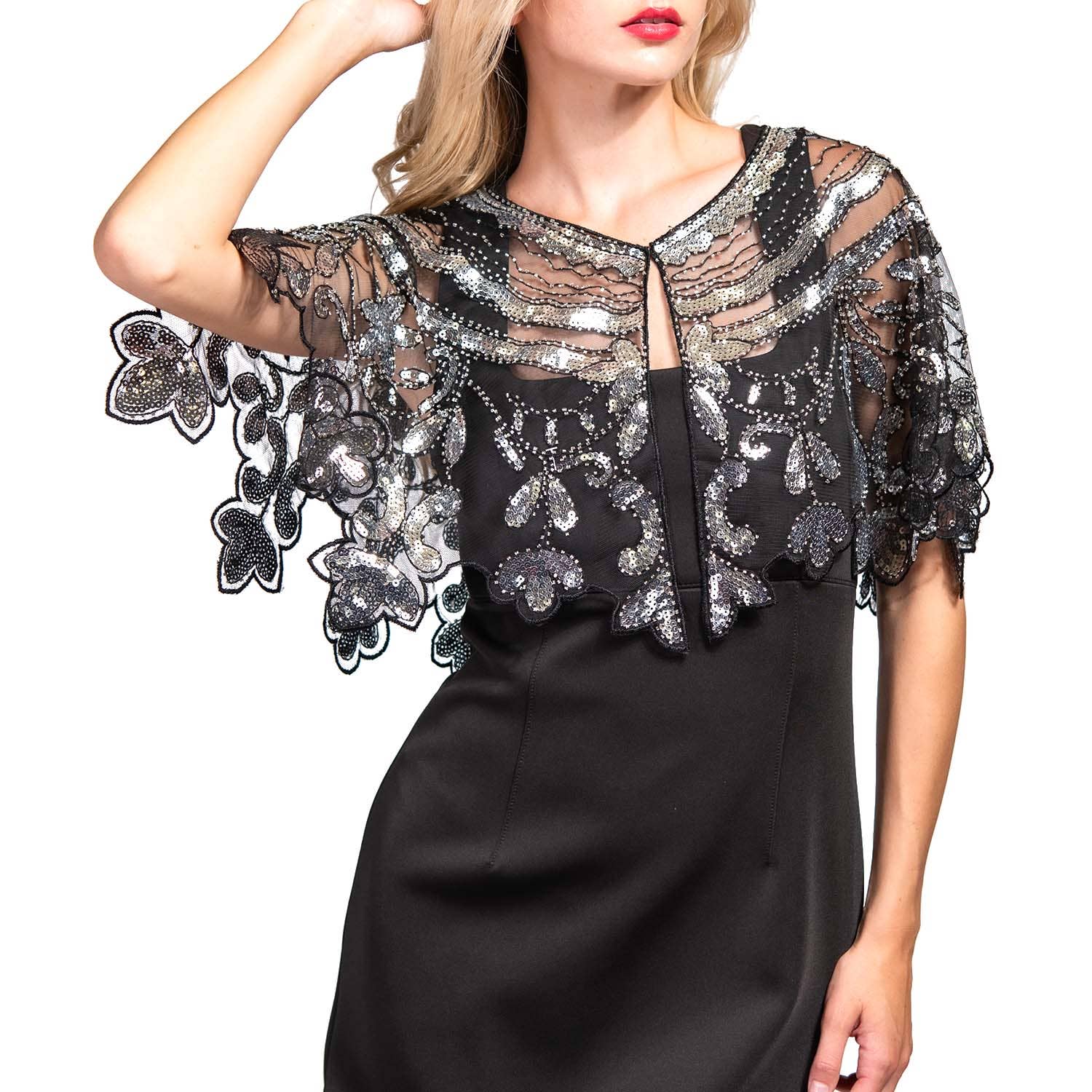 SP Sophia Collection - Wholesale Wrap - Women's - 1920s Inspired Sequin Embroidered Floral Shawl 1