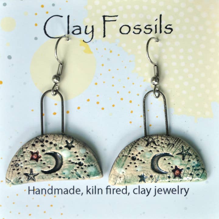 Clay Fossils - Wholesale Dangle Earrings - Earrings, Half round moon and stars, USA, fired pottery0