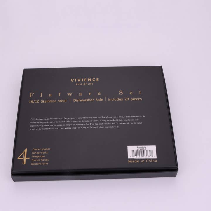 VIVIENCE - Wholesale Cutlery set - Simplicite 20 Pc Flatware with Gold Handles, Service for 410