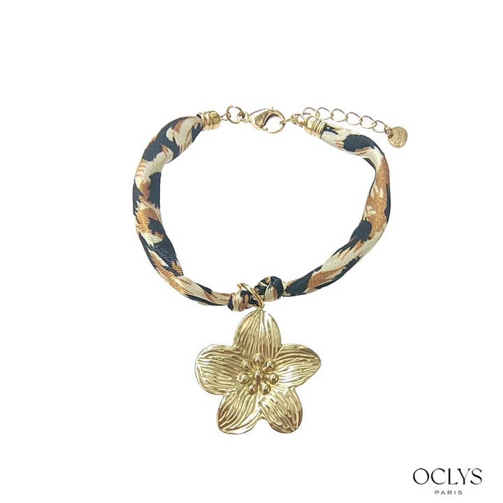 Oclys - Wholesale Woven/Braided Bracelet - Leopard flower fabric ribbon bracelet stainless steel Marly