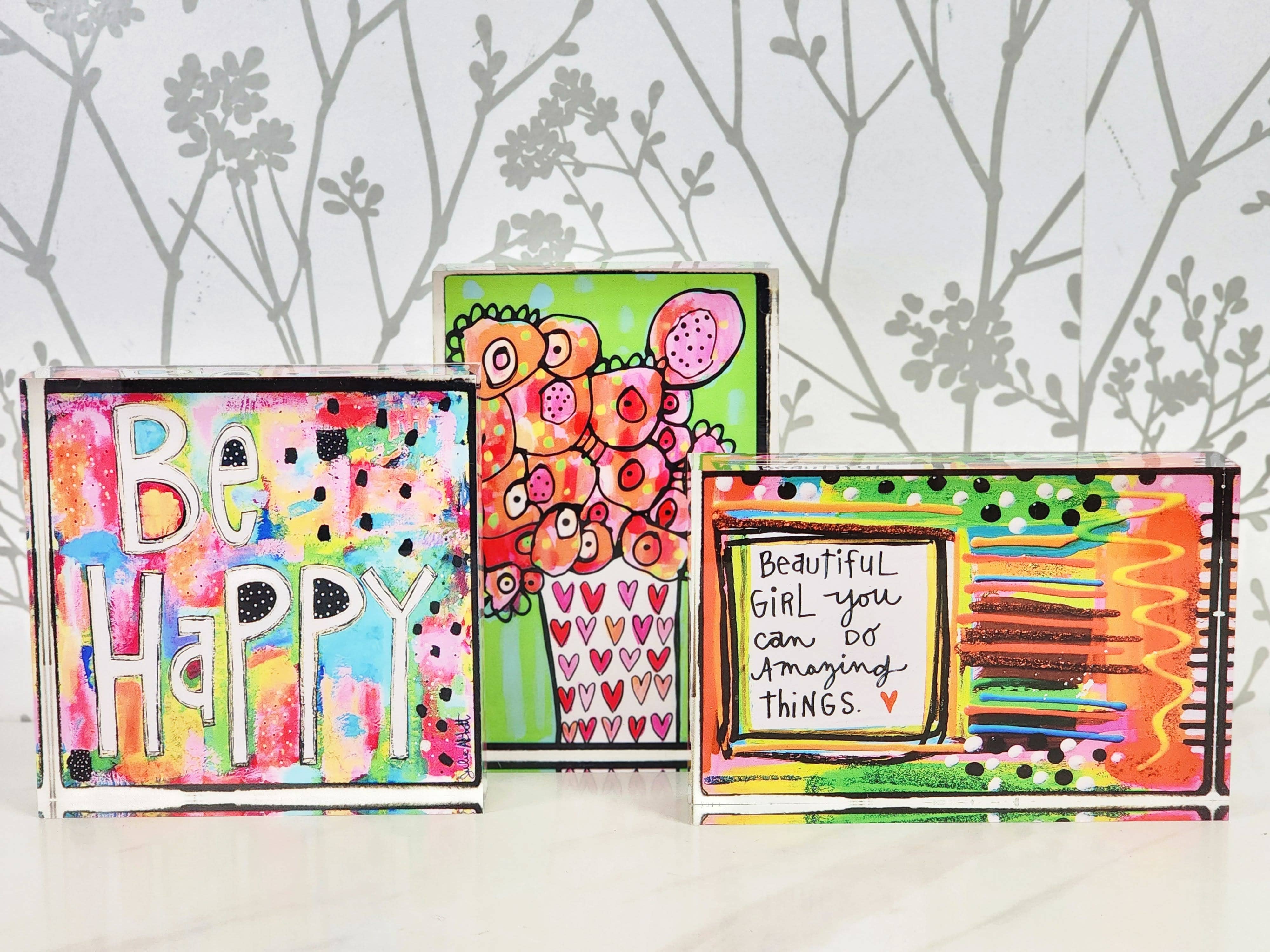 Julie Abbott  Art - Wholesale Decorative Tabletop Object - Be Happy Acrylic Block2