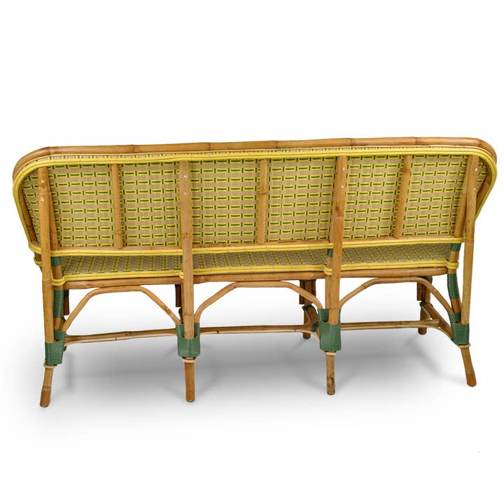 BONNECAZE - Wholesale Bench - Lyon French Bistro Rattan Banquette/Bench, 3-Seater - Vertical Pattern - Green/Yellow/Gold