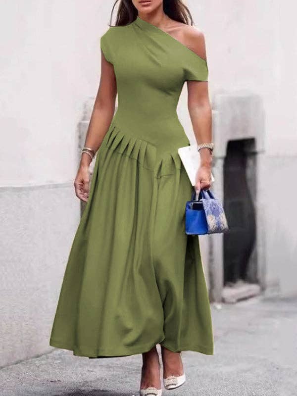 Sheer Trend - Wholesale Dress - Women's - Short Sleeves Asymmetric Pleated Solid Color One-Shoulder Midi Dresses