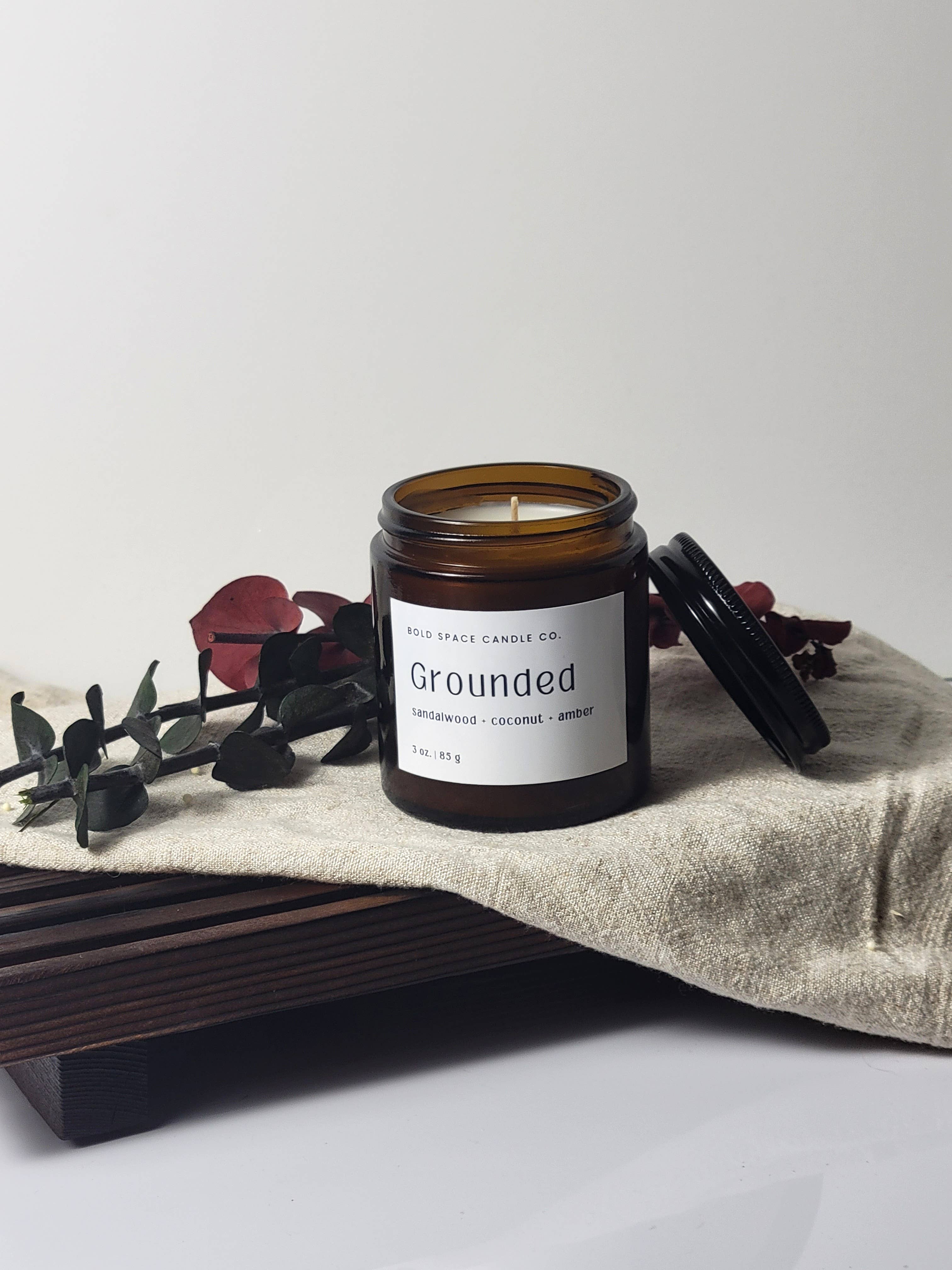 Bold Space Candle Co. - Wholesale Jar/Filled Candle - Grounded- Sandalwood + Coconut - 3 oz. Amber Soy Candle2