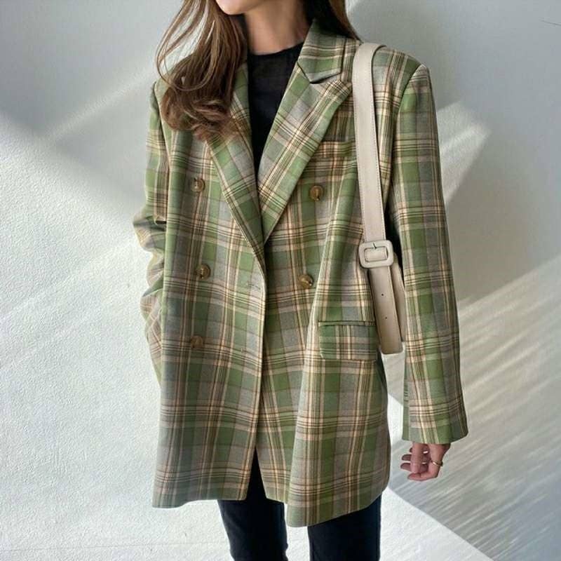 UZ Wholesale Store - Wholesale Blazer - Women's - Casual Color Block Plaid Loose Fit Blazer4