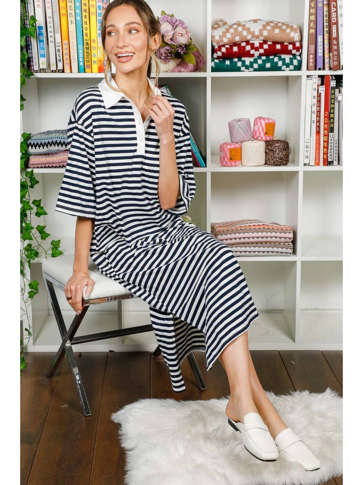Navy Collared Drop Shoulder Striped Printed Polo Dress VD82307 for wholesale on Faire2
